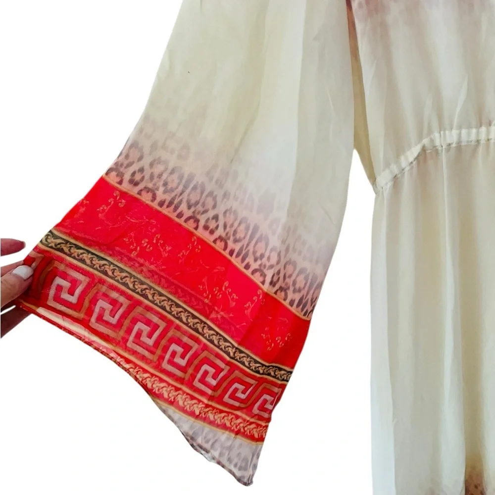 Boho Sheer Kaftan Kimono Dress Cover Up Leopard Rose Print Grecian Border Medium - Picture 6 of 8